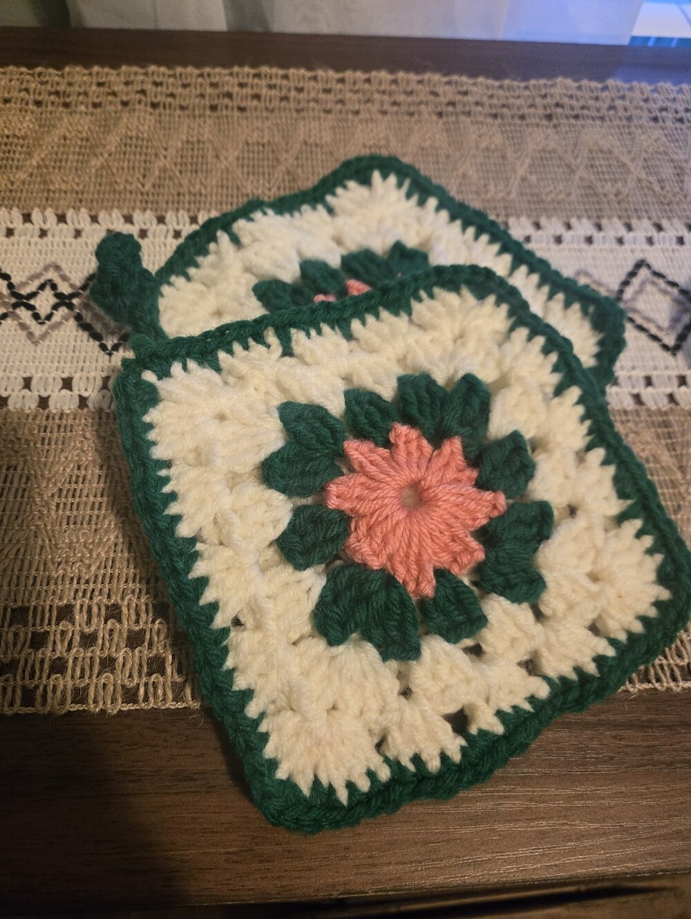 Vintage Handmade Crochet Granny Square Pot Holders with Floral Center
